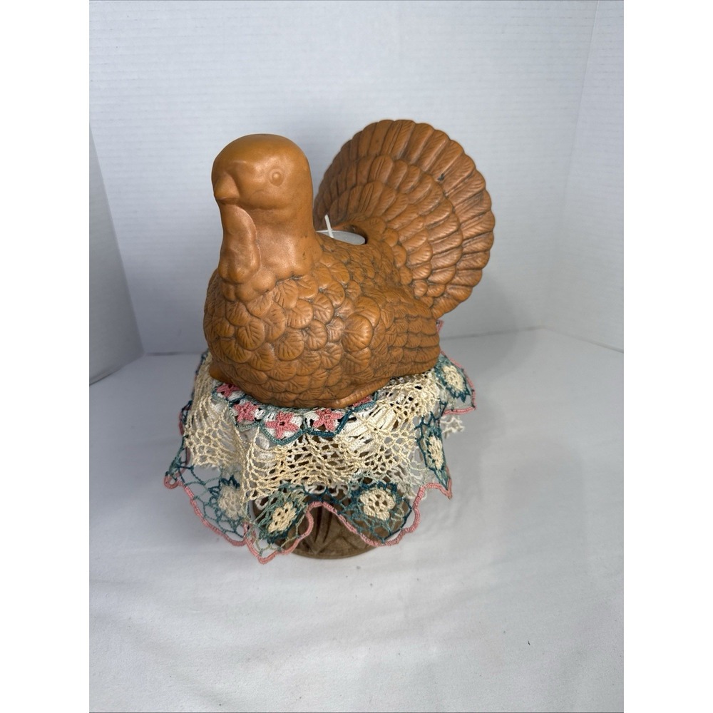 Vtg. Brown Ceramic Turkey W/ Pumpkin Candle Holder Figurine. Deco Thanksgiving.